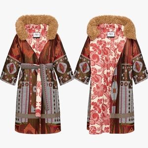 Zara Multicolor Patterned Coat with Faux Fur Collar